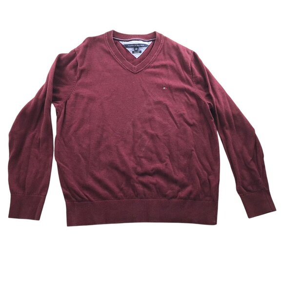 Tommy Hilfiger Mens Sweater Size XL Pima Cotton V-Neck Burgundy Pullover Casual - Picture 1 of 11